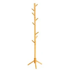 C&AHOME Bamboo Coat Rack Stand With 8 Hooks, Wooden Coat Tree Adjustable Sizes, Entryway Hall Tree Free Standing Coat Hanger Stand For Hat, Bag, Clothes, Jacket, Natural