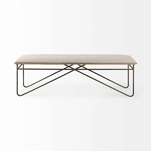 GENERIC Cream Fabric Seat W/Dark Metal Frame Bench 55.5" W X 16" D 17" H Brown Solid Modern Contemporary Nautical Coastal Wood 2 GENERIC Cream Fabric Seat W/Dark Metal Frame Bench 55.5" W X 16" D 17" H Brown Solid Modern Contemporary Nautical Coastal Wood - Image 2