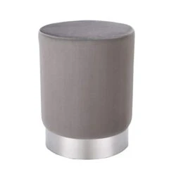 BIRDROCK HOME Round Grey Velvet Ottoman Foot Stool – Soft Compact Padded Vanity Stool - Great For The Living Room, Bedroom And Kids Room - Small Furniture (Grey)