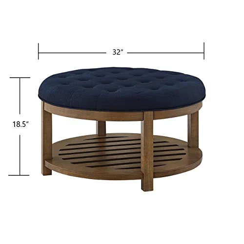 24KF Large Round Upholstered Tufted Linen Ottoman Coffee Table, Large Footrest Ottoman With Wood Shelf Storage- Navy Blue 2 24KF Large Round Upholstered Tufted Linen Ottoman Coffee Table, Large Footrest Ottoman With Wood Shelf Storage- Navy Blue - Image 2