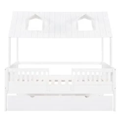 Full Size House Bed With Trundle, Wood Kids Full Bed With Roof And Guardrails, Playhouse Beds Frame Full For Kids, Teen, Toddler, No Box Spring Needed, Easy Assembly (Full, White) -Safavieh Furniture 31SVdJFVTtL