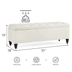 HUIMO Ottoman With Storage, 51-inch Storage Ottoman Bench With Button-Tufted, Bedroom Bench Safety Hinge Ottoman In Upholstered Fabrics, Large Storage Bench For Bedroom, Living Room (Ivory)