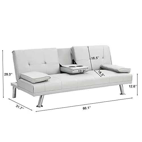 Anwick Modern Leather Futon Sofa Bed,Convertible Folding Couch Recliner Sleeper Loveseat For Small Space,Apartment,Office,Dorm,with Cup Holders And Removable Armrest (White) 2 Anwick Modern Leather Futon Sofa Bed,Convertible Folding Couch Recliner Sleeper Loveseat For Small Space,Apartment,Office,Dorm,with Cup Holders And Removable Armrest (White) - Image 2