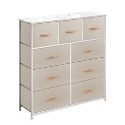 Drawer Dresser, Organizer Storage With 9 Drawers For Bedroom Hallway Closet Office With Easy Pull Fabric Bins, Steel Frame, Wood Top (Cream)