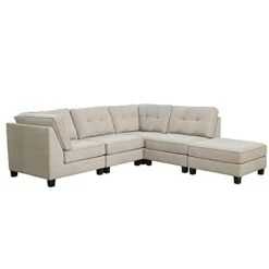 Abbyson Living Fabric Upholstered 5-Piece Modular Sectional Sofa With Coordinating Ottoman, Ivory