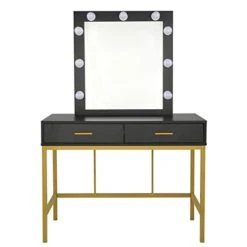 FCH Single Mirror With 2 Drawers And Light Bulbs, Steel Frame Dressing Table Black