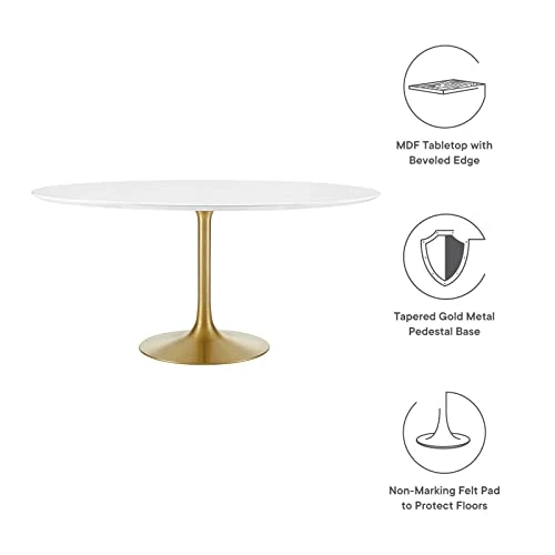 Modway Lippa 60" Mid-Century Modern Dining Table With Round White Top And Pedestal Base In Gold White 4 Modway Lippa 60" Mid-Century Modern Dining Table With Round White Top And Pedestal Base In Gold White - Image 4