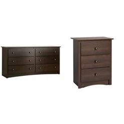 Prepac Sonoma 6 Drawer Double Dresser For Bedroom, Espresso & Fremont Nightstand, Tall 3-Drawer, Espresso