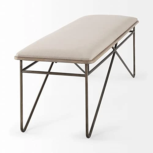 GENERIC Cream Fabric Seat W/Dark Metal Frame Bench 55.5" W X 16" D 17" H Brown Solid Modern Contemporary Nautical Coastal Wood 4 GENERIC Cream Fabric Seat W/Dark Metal Frame Bench 55.5" W X 16" D 17" H Brown Solid Modern Contemporary Nautical Coastal Wood - Image 4