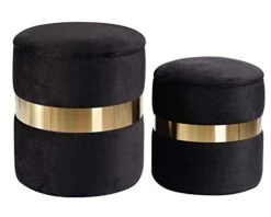 DEERUN Round Velvet Storage Ottoman Foot Rest Stool/Upholstered Footstool/Side Table Seat Make Up Stool With Stainless Steel Band, Pack Of 2 (Black)
