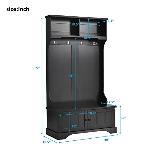 Hall Tree With Bench And Shoe Storage, 3 In 1 Entryway Bench With Coat Rack, Mudroom Bench With Storage And 4 Double Hooks, Entryway Furniture For Hallway (Black, 40" L X 18.5" W X 72" H) 2 Hall Tree With Bench And Shoe Storage, 3 In 1 Entryway Bench With Coat Rack, Mudroom Bench With Storage And 4 Double Hooks, Entryway Furniture For Hallway (Black, 40" L X 18.5" W X 72" H) - Image 2
