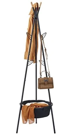 Tajsoon Coat Rack, Freestanding Coat Hanger With Fabric Storage Basket And 6 Leaves Hooks,Hall Tree Stand For Coats, Hats, Scarves, Clothes, Handbags,Black