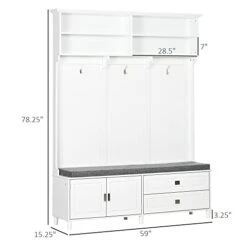 HOMCOM Hall Tree With Storage Bench, Entryway Bench With Coat Rack, Accent Coat Tree With Storage Shelves, Cabinet And Drawers For Hallway, Mudroom, White