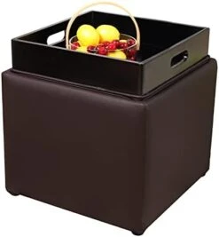 PRIVATE GARDEN Square Storage Ottoman With Tray, Faux Leather Upholstered Footrest Stool, Seat As Side Table Coffee Table For The Living Room, Bedroom, Contemporary (Black Brown/Dark Brown) -Safavieh Furniture 31aNRYBNxxL. AC