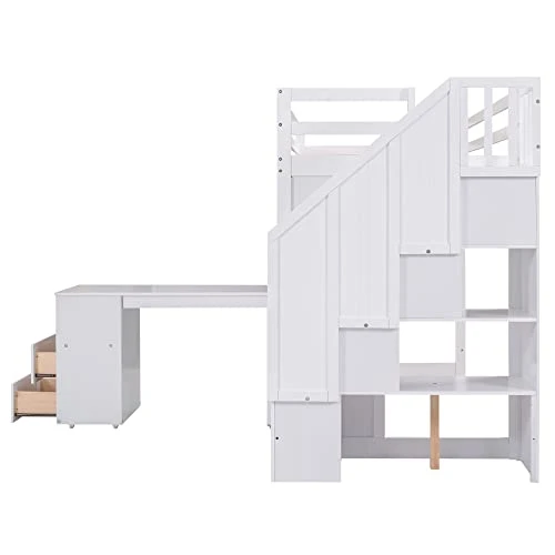 CITYLIGHT Twin Loft Bed With Stairs And Desk, Wooden Loft Bed Twin With Storage Shelves And Blackboard,Multi-Function Twin Size Loft Bed Frame For Kids Teens, White 4 CITYLIGHT Twin Loft Bed With Stairs And Desk, Wooden Loft Bed Twin With Storage Shelves And Blackboard,Multi-Function Twin Size Loft Bed Frame For Kids Teens, White - Image 4