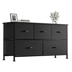 Furmax Dresser For Bedroom With 5 Drawers, Wide Chest Of Drawers, Fabric Closet Dresser, Clothing Storage Organizer Unit With Fabric Bins, For Closet, TV Stand, Living Room, Hallway, Nursery (Black)