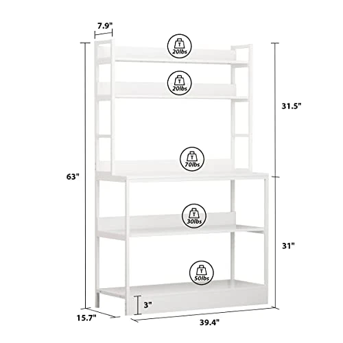 AIEGLE Large Kitchen Baker's Rack With Hutch, 5-Tier Freestanding Kitchen Storage Utility Shelf, Industrial Microwave Oven Stand Organizer Rack, White (39.4" W X 15.7" D X 63" H) 2 AIEGLE Large Kitchen Baker's Rack With Hutch, 5-Tier Freestanding Kitchen Storage Utility Shelf, Industrial Microwave Oven Stand Organizer Rack, White (39.4" W X 15.7" D X 63" H) - Image 2