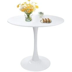 Modern Round Dining Table White 31.5 Inch Sturdy Décor Table With Pedestal Base In Tulip Design Mid Century Round Dining Room Table(with A Free Table Cloth)