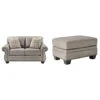 Signature Design By Ashley Olsberg Faux Leather Loveseat With Nailhead Trim And 2 Accent Pillows, Gray & Olsberg Faux Leather Ottoman With Nailhead Trim, Gray