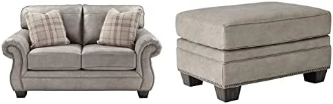 Signature Design By Ashley Olsberg Faux Leather Loveseat With Nailhead Trim And 2 Accent Pillows, Gray & Olsberg Faux Leather Ottoman With Nailhead Trim, Gray 8 Signature Design By Ashley Olsberg Faux Leather Loveseat With Nailhead Trim And 2 Accent Pillows, Gray & Olsberg Faux Leather Ottoman With Nailhead Trim, Gray - Image 8