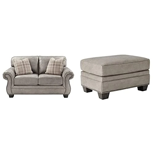 Signature Design By Ashley Olsberg Faux Leather Loveseat With Nailhead Trim And 2 Accent Pillows, Gray & Olsberg Faux Leather Ottoman With Nailhead Trim, Gray 1 Signature Design By Ashley Olsberg Faux Leather Loveseat With Nailhead Trim And 2 Accent Pillows, Gray & Olsberg Faux Leather Ottoman With Nailhead Trim, Gray