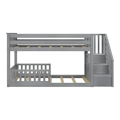 Max & Lily Low Bunk With Stairs With Two Guard Rails, Twin/Twin, Grey 2 Max & Lily Low Bunk With Stairs With Two Guard Rails, Twin/Twin, Grey - Image 2