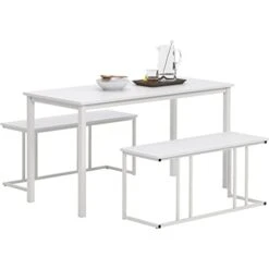 DlandHome 55'' Dining Table Set For 4, Kitchen Table Set Dining Table And 2 Benches, Kitchen Table And Benches, 3 Pieces Breakfast Table Set Dining Table With Bench Dining Room Bench Set, White