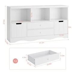 FOTOSOK 51.2" Large Toy Storage Organizer With 2 Drawers And 3 Cubbies, Toy Organizers And Storage For Books Or Dolls, Kids Bookshelf And Toy Storage For Playroom, Storage Cabinet For Nursery, White -Safavieh Furniture 31gr2nB78yL