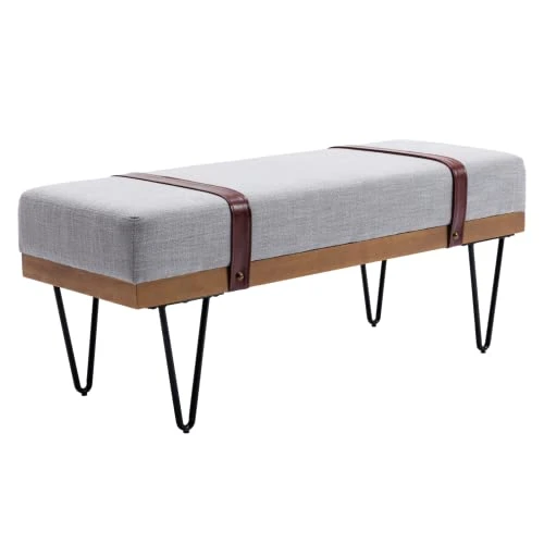 HEAH-YO Modern Indoor Bench, 18” Seat Height Entryway Bench With PU Leather Strap And Metal Legs, Linen Footstool And Ottoman For Living Room Bedroom, Gray 1 HEAH-YO Modern Indoor Bench, 18” Seat Height Entryway Bench With PU Leather Strap And Metal Legs, Linen Footstool And Ottoman For Living Room Bedroom, Gray