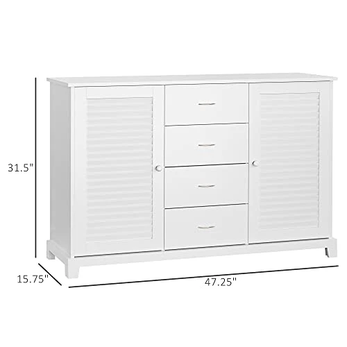 HOMCOM Sideboard Buffet Cabinet, Kitchen Cabinet, Coffee Bar Cabinet With 4 Drawers And 2 Louvered Doors For Living Room, Kitchen, White 2 HOMCOM Sideboard Buffet Cabinet, Kitchen Cabinet, Coffee Bar Cabinet With 4 Drawers And 2 Louvered Doors For Living Room, Kitchen, White - Image 2