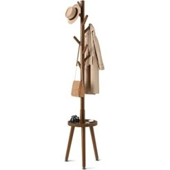 GREENSTELL Coat Rack, Wooden Coat Rack Freestanding With Shelf, Coat Tree With 4 Height Options 50.5"-72.6" For Clothes/Bag/Hats, Hanger Stand For Entryway/Living Room/Bedroom/Office, Brown