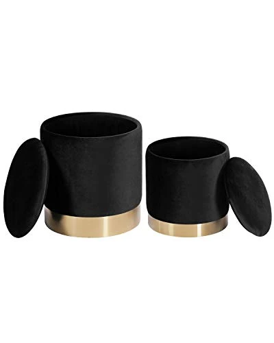 DEERUN Round Velvet Storage Ottoman Foot Rest Stool/Upholstered Footstool With Gold Plating Base,Pack Of 2 (Black) 1 DEERUN Round Velvet Storage Ottoman Foot Rest Stool/Upholstered Footstool With Gold Plating Base,Pack Of 2 (Black)