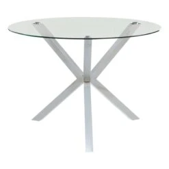 BOWERY HILL 41" Round Glass Top Contemperary Dining Table In Chrome