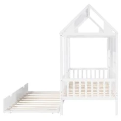 House Bed With Trundle, Twin House Bed For Kids, Wooden Platform Bed Frame With Headboard And Roof, For Girls Boys (Twin Size, White) 17 House Bed With Trundle, Twin House Bed For Kids, Wooden Platform Bed Frame With Headboard And Roof, For Girls Boys (Twin Size, White) -Safavieh Furniture 31ldJ4lKgGL