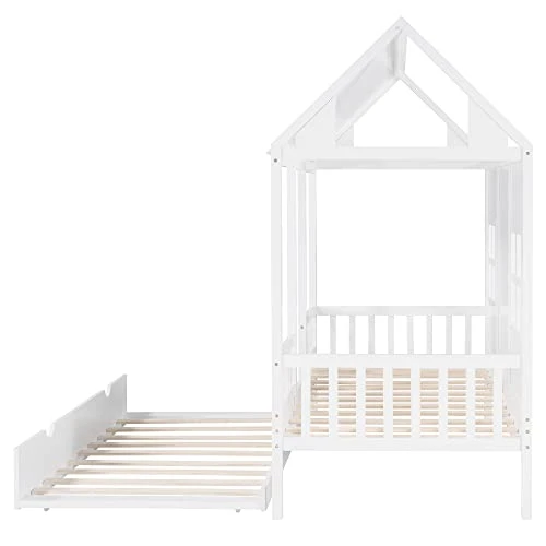 House Bed With Trundle, Twin House Bed For Kids, Wooden Platform Bed Frame With Headboard And Roof, For Girls Boys (Twin Size, White) 3 House Bed With Trundle, Twin House Bed For Kids, Wooden Platform Bed Frame With Headboard And Roof, For Girls Boys (Twin Size, White) - Image 3