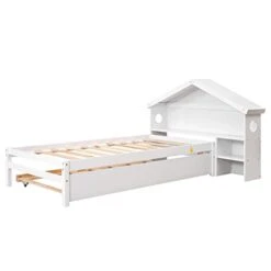 NCKMYB Kids Bed With Storage Twin Size Platform Bed With Trundle And Bookcase, House Bed Frame With Bookcase For Toddlers Boys Girls, White -Safavieh Furniture 31mGId9hPmL