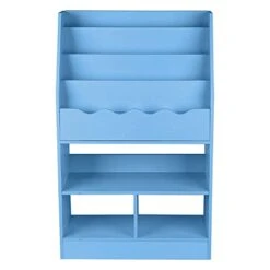 Children's Wooden 6-Layer Fabric Sling Bookcase Toy Picture Book Storage Rack Reading Skills Of Girls And Boys Aged 3 And Over (Blue, One Size)