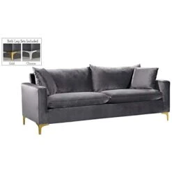 Meridian Furniture Naomi Collection Stainless 1 Modern | Contemporary Velvet Upholstered Sofa With Stainless Steel Base In A Rich Gold Or Chrome Finish, Grey