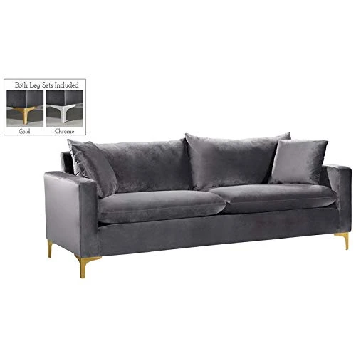 Meridian Furniture Naomi Collection Stainless 1 Modern | Contemporary Velvet Upholstered Sofa With Stainless Steel Base In A Rich Gold Or Chrome Finish, Grey 1 Meridian Furniture Naomi Collection Stainless 1 Modern | Contemporary Velvet Upholstered Sofa With Stainless Steel Base In A Rich Gold Or Chrome Finish, Grey