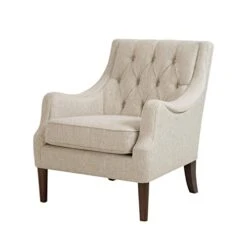Madison Park Qwen Accent Chairs - Hardwood, Birch, Faux Linen Living Room Chairs - Cream Ivory, Vintage Classic Style Living Room Sofa Furniture - 1 Piece Diamond Tufted Bedroom Chairs Seats