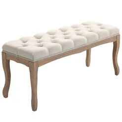 HOMCOM 43" Upholstered Entryway Bench, Linen Fabric Ottoman Stool With Button Tufted Seat, And Rubber Wood Legs For Living Room, Bedroom, Or Hallway, Beige