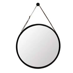 Hanging Round Black Wall Mirror - Circle Bamboo Frame 15 Inch & Adjustable Leather Strap, Makeup Vanity Dressing