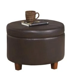 HomePop Round Leatherette Storage Ottoman With Lid, Chocolate Brown Large