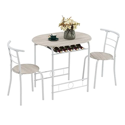 VINGLI 3 Piece Dining Set,Small Kitchen Table Set For 2,Breakfast Table Set,Kitchen Wooden Table And 2 Chairs For Small Space/Dining Room/Apartment,Metal Frame,Wine Rack,White&Light Oak 1 VINGLI 3 Piece Dining Set,Small Kitchen Table Set For 2,Breakfast Table Set,Kitchen Wooden Table And 2 Chairs For Small Space/Dining Room/Apartment,Metal Frame,Wine Rack,White&Light Oak
