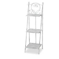 Farmers Favorite 3 Tier Plant Stand, Slim Line Design, Shabby White Rubbed Finish Over Grey Iron, Heart With Scrolled Details, Punched Floral Fold Out Shelves, 11 3/4 L X 11 3/4 W X 38 1/2 H Inches