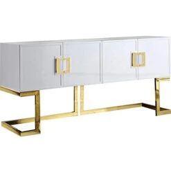 Meridian Furniture Beth Collection Modern | Contemporary Sideboard Buffet, Rich Gold Stainless Steel Base, White Laquer Finish, 64" W X 18" D X 31" H, Cabinet