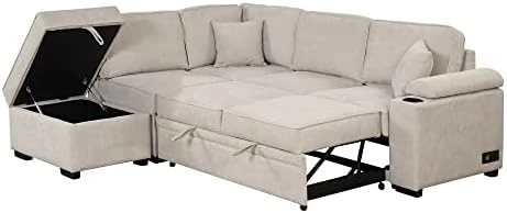 Merax L Shaped Sectional Sofa Couch Sleeper Bed With Storage Ottoman And Chaise For Living Room, Small Apartment Love Seats, Beige_Linen 9 Merax L Shaped Sectional Sofa Couch Sleeper Bed With Storage Ottoman And Chaise For Living Room, Small Apartment Love Seats, Beige_Linen - Image 9