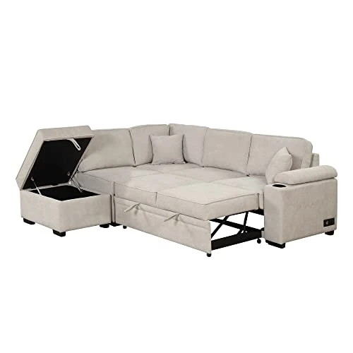 Merax L Shaped Sectional Sofa Couch Sleeper Bed With Storage Ottoman And Chaise For Living Room, Small Apartment Love Seats, Beige_Linen 1 Merax L Shaped Sectional Sofa Couch Sleeper Bed With Storage Ottoman And Chaise For Living Room, Small Apartment Love Seats, Beige_Linen