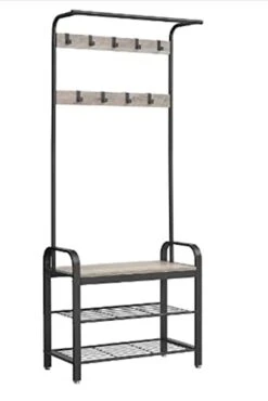SEJAS Coat Rack, Hall Tree With Shoe Bench For Entryway, Entryway Bench With Coat Rack, 4-in-1, With 9 Removable Hooks, (Black+Grey,13.3＋28.3＋72.1)