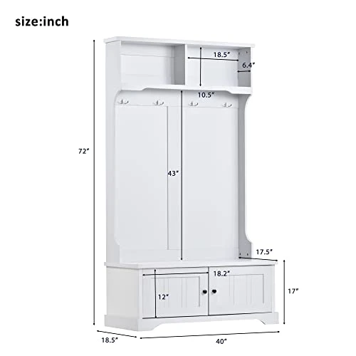 P PURLOVE Hall Tree With Storage Bench, With Shelves Cabinet And 4 Hooks, 3-in-1 Design, White 2 P PURLOVE Hall Tree With Storage Bench, With Shelves Cabinet And 4 Hooks, 3-in-1 Design, White - Image 2